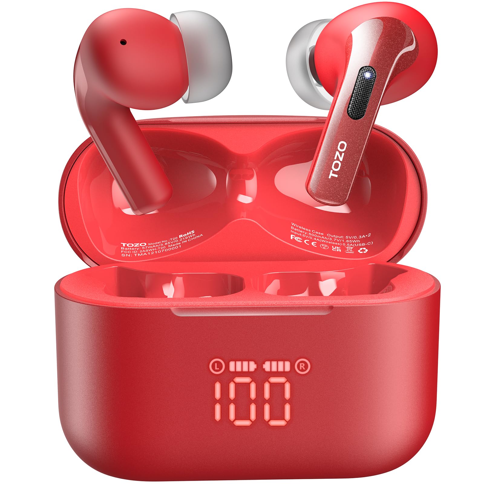 TOZO T20 ワイヤレスイヤホン【2024新登場 Bluetooth 5.3】両耳ENCノイズキャンセリング マイク内蔵 没入型プレミアムサウンド 数字LEDディスプレイ表示 10mm ドライバ IPX8 防水 42時間長時間再生 アプリ操作 音楽/運動/通勤/テレワーク適用 レッド