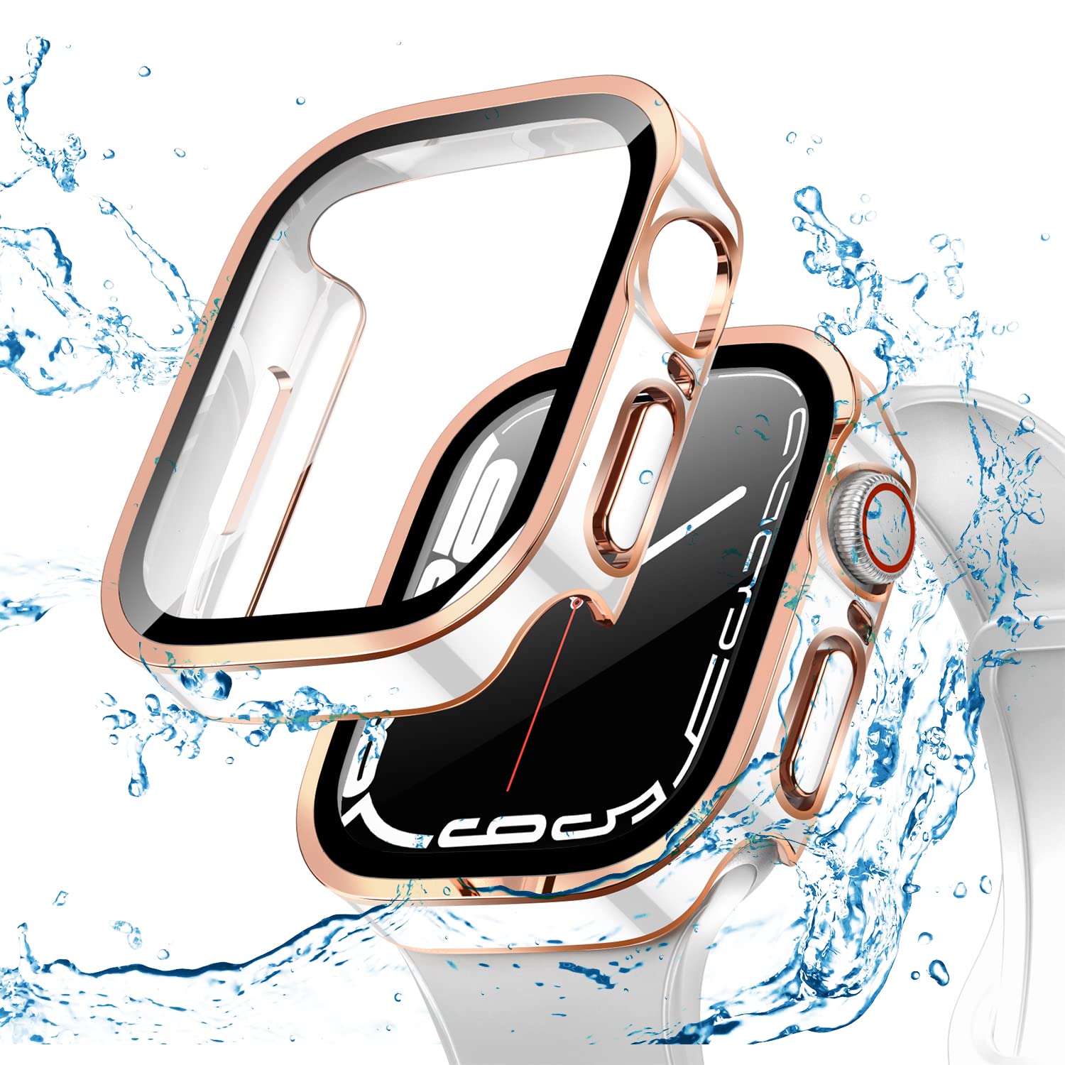 [ILYAML] 【2023冬強化版】 for Apple Watch ケース Apple Watch ケース 対応 IP68完全防水 バンド 水泳・スポーツ専用 防水ケース 3D直角エッジデザイン Apple Watch Series7/8/9 45mm対応 光沢のホワイト＆ローズゴールド
