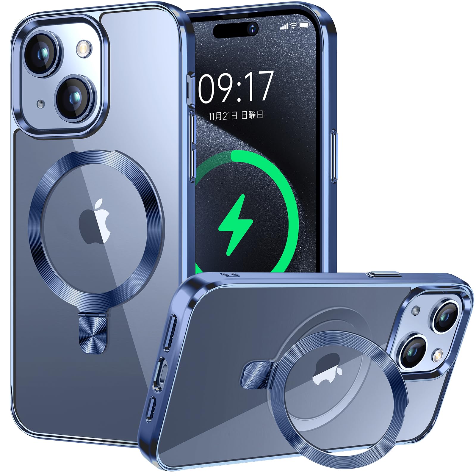 【送料無料】CSZENMEN【CD MagSafeリング・スタンド一体】iPhone 15 用クリアケース[MagSafe対応・隠しスタンド] [本体の色・メッキバンパー]ストラップホール付き 角度調整可 米軍MIL規格取得・耐衝撃 アイホン15透明ケース スマホケース15 人気 6.1インチ(スターブルー)