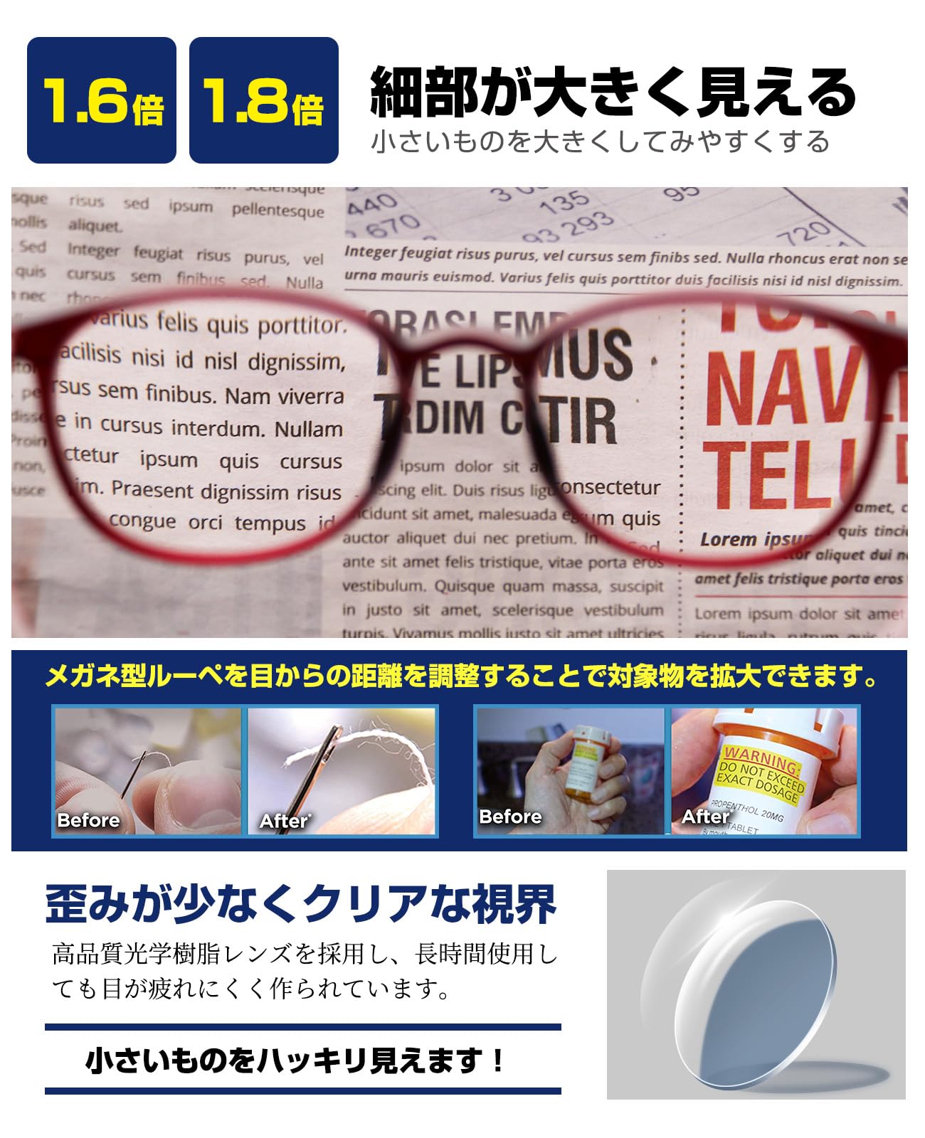 GOKEI ルーペメガネ ルーペ かくだい鏡メガネ 【1.6倍 軽量 ブルーライトカット 7点セット】 拡大鏡 めがね 大きく見える メガネ ルーペ ルーペ型眼鏡 眼鏡型ルーペ 眼鏡型の拡大鏡 拡大 鏡 細かい作業 輻射防止 レッド