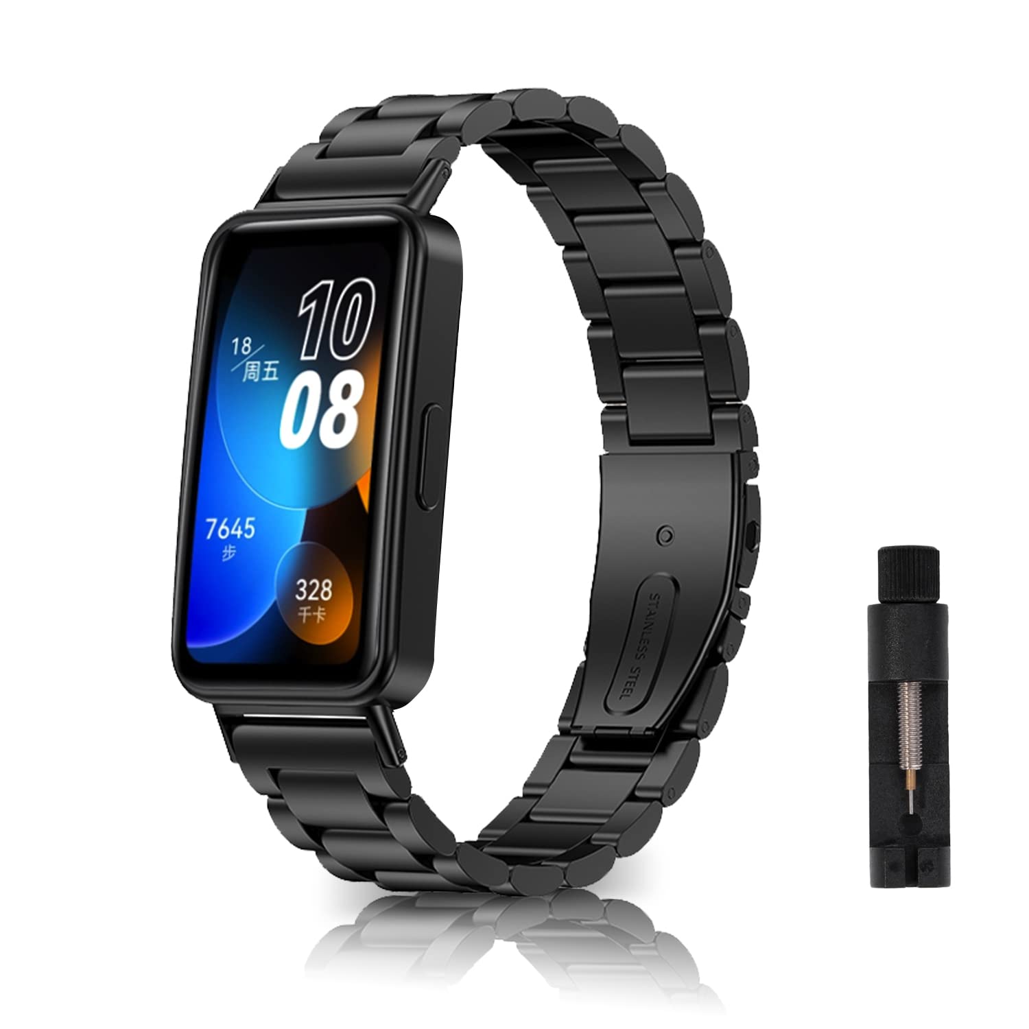 [SeGinn] バンド Huawei Band 9 / Huawei Band 8 対応 交換バンド ステンレス製 サイズ調節可能 調整工具付き ストラップ ビジネス風 肌にやさしい メンズ＆レディース用 交換ベルト 替えベルト コンパチブル Huawei Band 8 / Huawei Band 9 用 （黒）(2)
