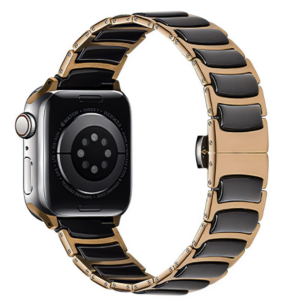 MaKTech セラミックバンド、薄型ステンレス象嵌セラミックベルト、Apple Watch 10/9/Ultra 2/SE/8/7[2024]に対応 (42mm/41/40mm,ローズゴールド/ブラック)
