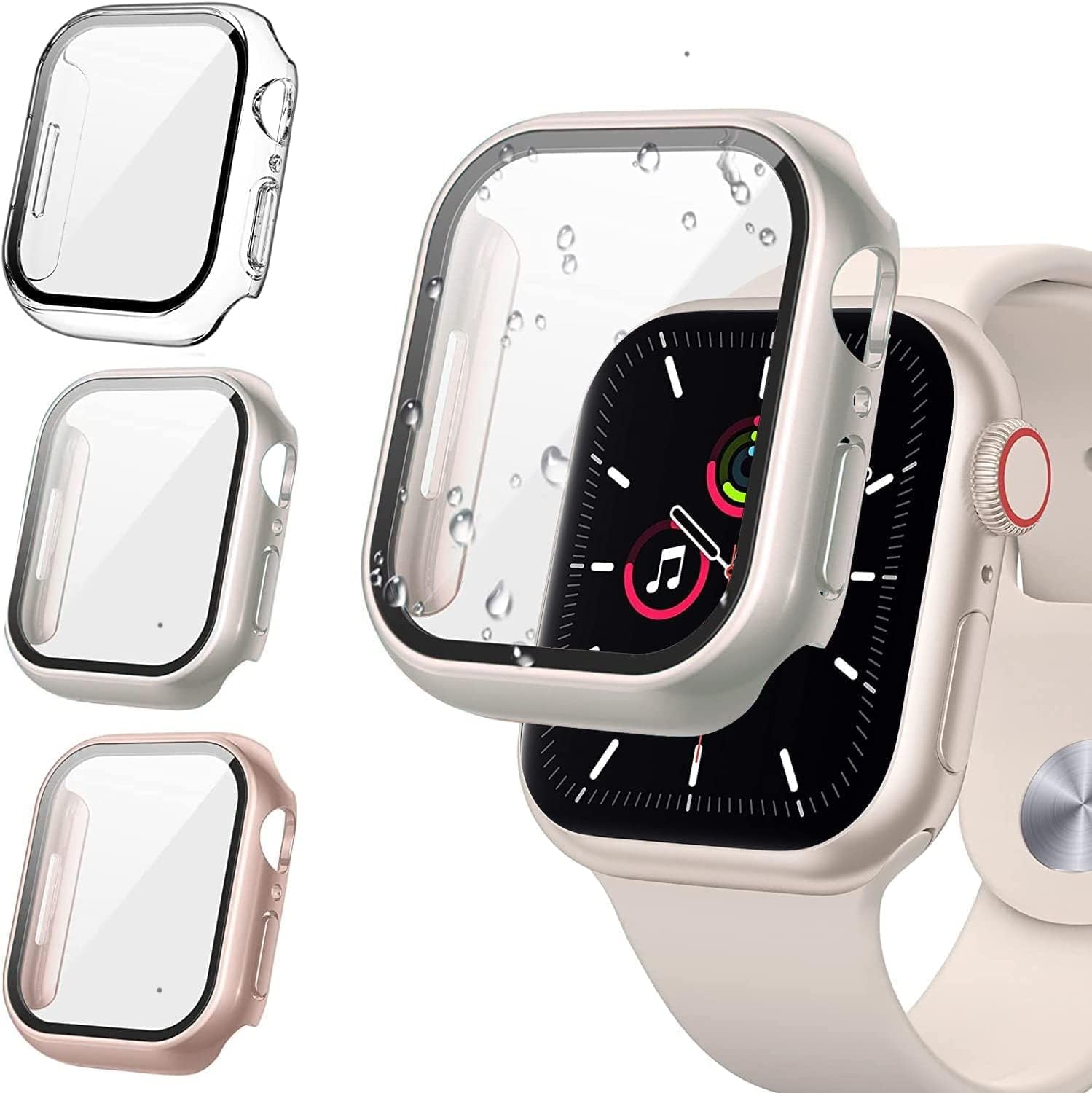 【3個入り】FALSAD Apple Watch カバー Se/Se2/Series9/8/7/6/5/4/3 対応 アップルウォッチ 40mm/44mm/41mm/45mm/38mm/42mm、PC素材と強化ガラスフィルム一体型 保護ケース 防水 全面保護 超薄型 軽量 耐衝撃 高透過率 指紋防止 装着簡単(41mm クリア/スターライト/ロー