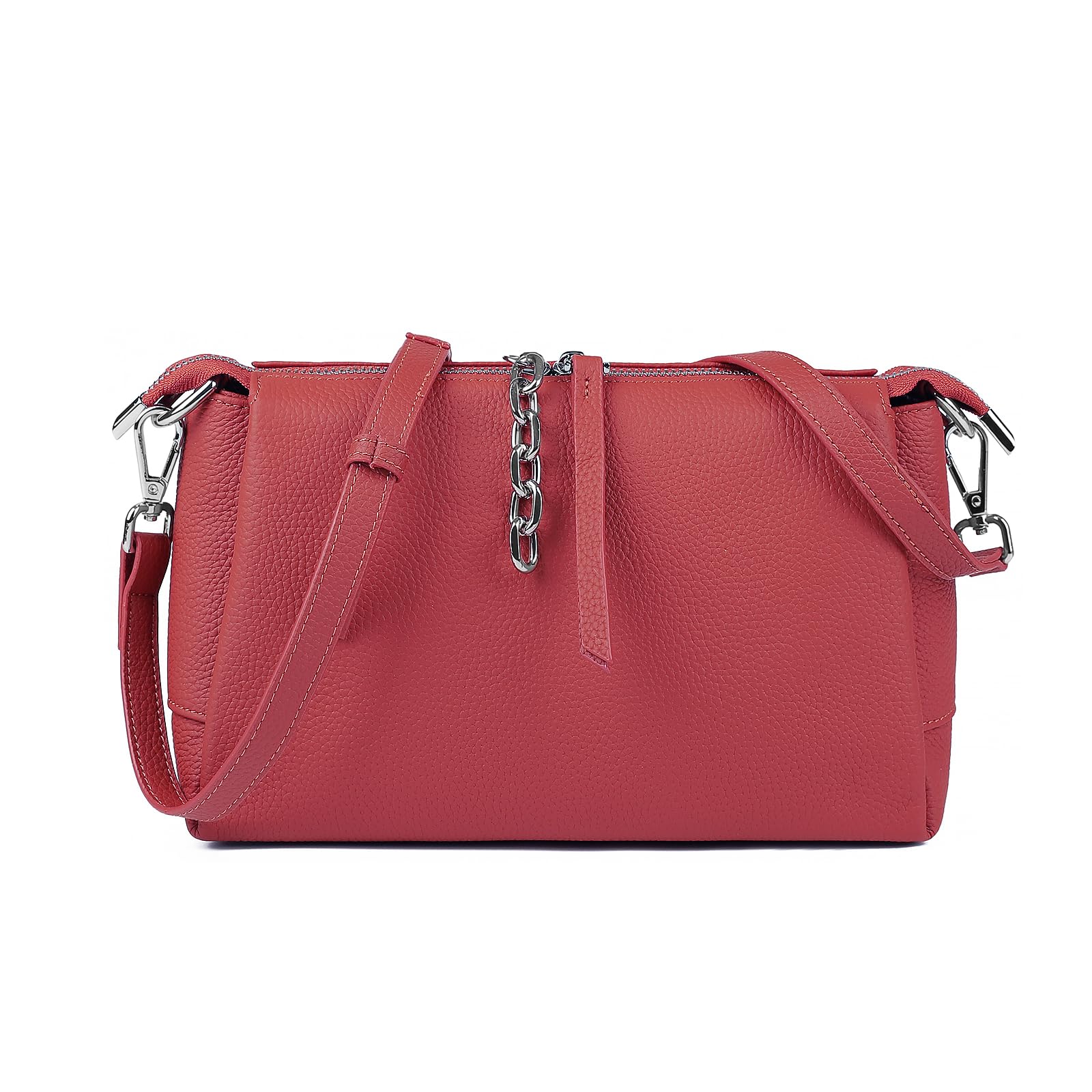 [imeetu] ショルダーバッグ 高級本革 レディース 2way 3室収納 斜めがけ 肩がけ 高見え 自立 軽量 小さめ おしゃれ 大容量 柔らかい シンプル カジュアル 手持ち 人気 通勤（レッド）