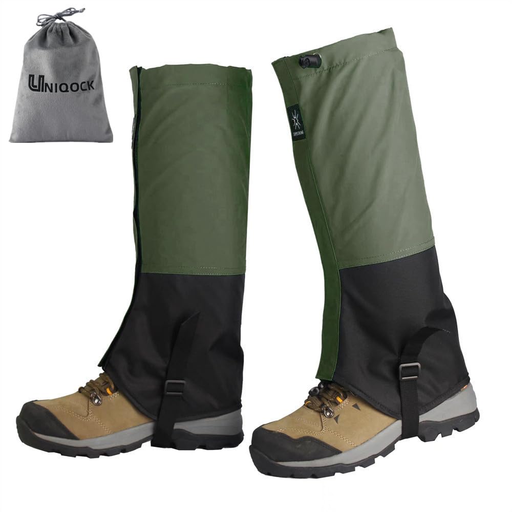 UNIQOCK 登山用ゲイター 防水 通気 ロングゲイター スパッツ レッグカバー 超軽量 コンパクト 撥水 泥除け 砂よけ 蚊避け 高耐久性 耐摩耗性 通気 アウトドア 雪山 メンズ レーディス 雨雪悪天候対策 男女兼用 装着簡単 収納袋付き-グリーン