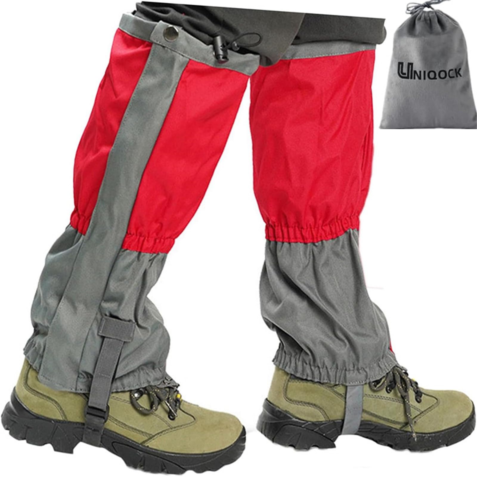 UNIQOCK ゲイター 「通気・100%防水」 登山 スパッツ ロングゲイター 高耐久性 レッグカバー 軽量 トレッキング アウトドア バイク 男女兼用 収納袋付き 泥除け 砂よけ 雨雪悪天候対策-レッド