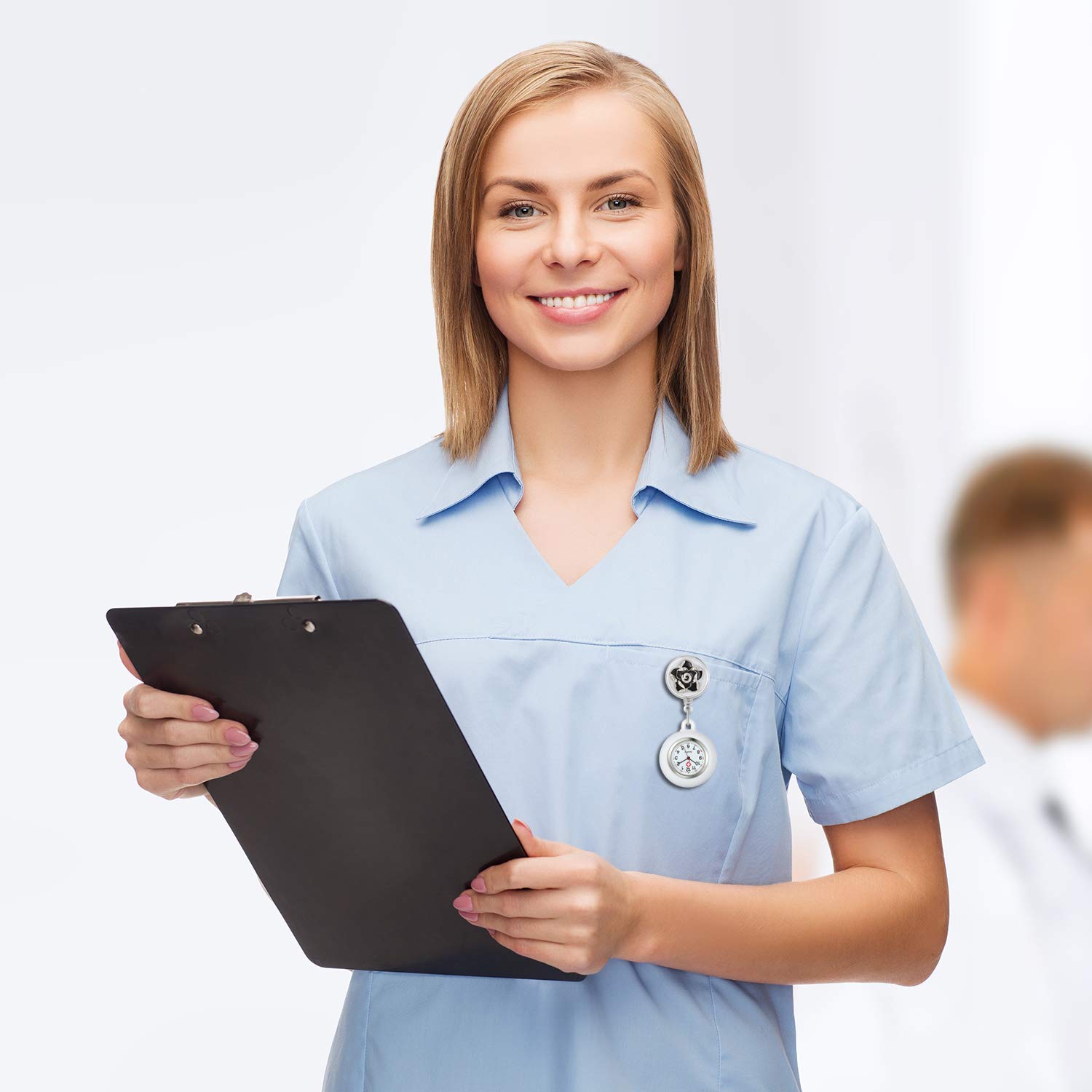 Lancardo ナースウォッチ 看護師用 懐中時計 ポケットウォッチ クリップ式 男女兼用 数字 見やすい レディース 大きな花びら 飾り かわいい 3色選択 プレゼント 誕生日 伸び縮み可能 (ブラック)