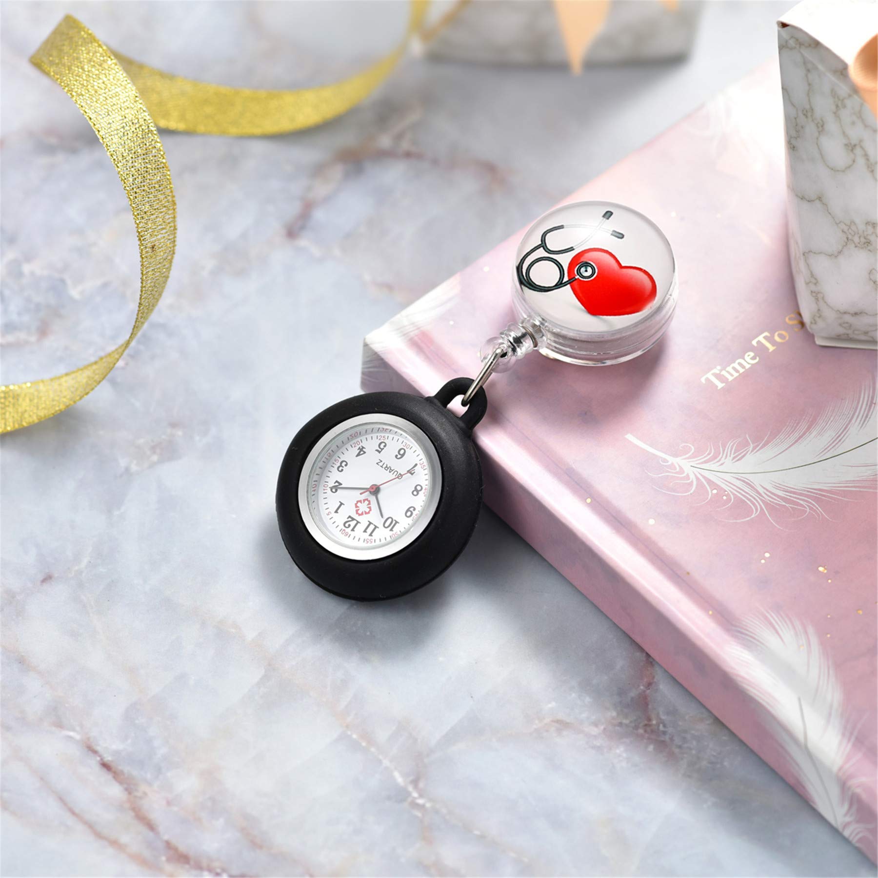 Lancardo ナースウォッチ 看護師時計 懐中時計 ポケットウォッチ シリコン 取り外し可能 伸張可能 メンズ レディース かわいい ハート 保育士 介護士 男女兼用 プレゼント ブラック