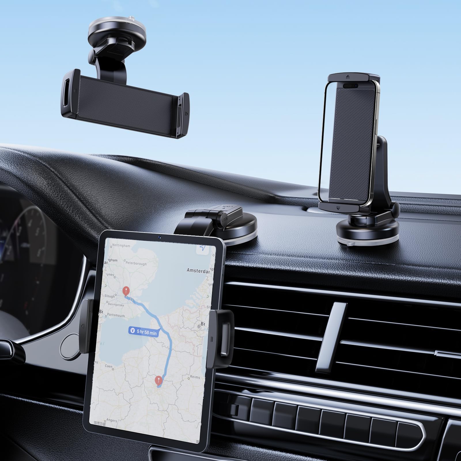 スマホホルダー 車 超強力真空吸盤 視界を遮らない 取付簡単 車載ホルダー 片手操作 手帳型ケース対応 ..