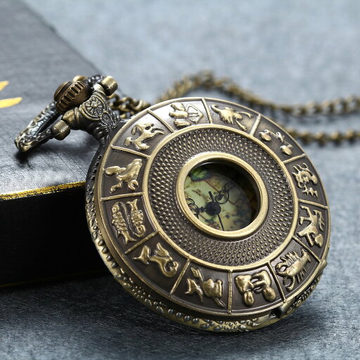 Lancardo 懐中時計 アンティーク 電池 スケルトン ポケットウォッチ クオーツ時計 メンズ&レディース対応 12星座表盤 ローマ表示 地図 懐中時計 ネックレス ブロンズ色