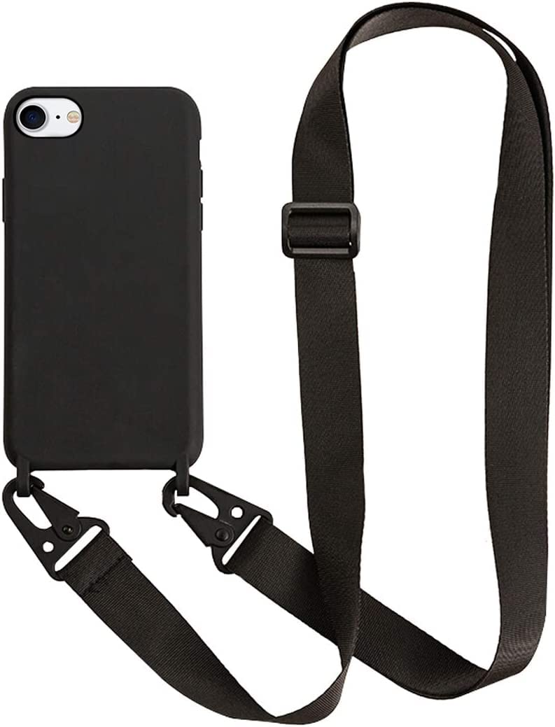 UnnFiko For iPhone 8 ケース ネックストラップ For iPhone SE 3/2 用スマホケース 蛍光色 シリコン アイフォン iPhone 7 ケース シンプル ソフトiPhone SE 第3/第2世代 保護カバー 携帯ストラップ 紐付き 斜めがけ (iPhone 7 / 8 / SE 2/ SE 3, Black)