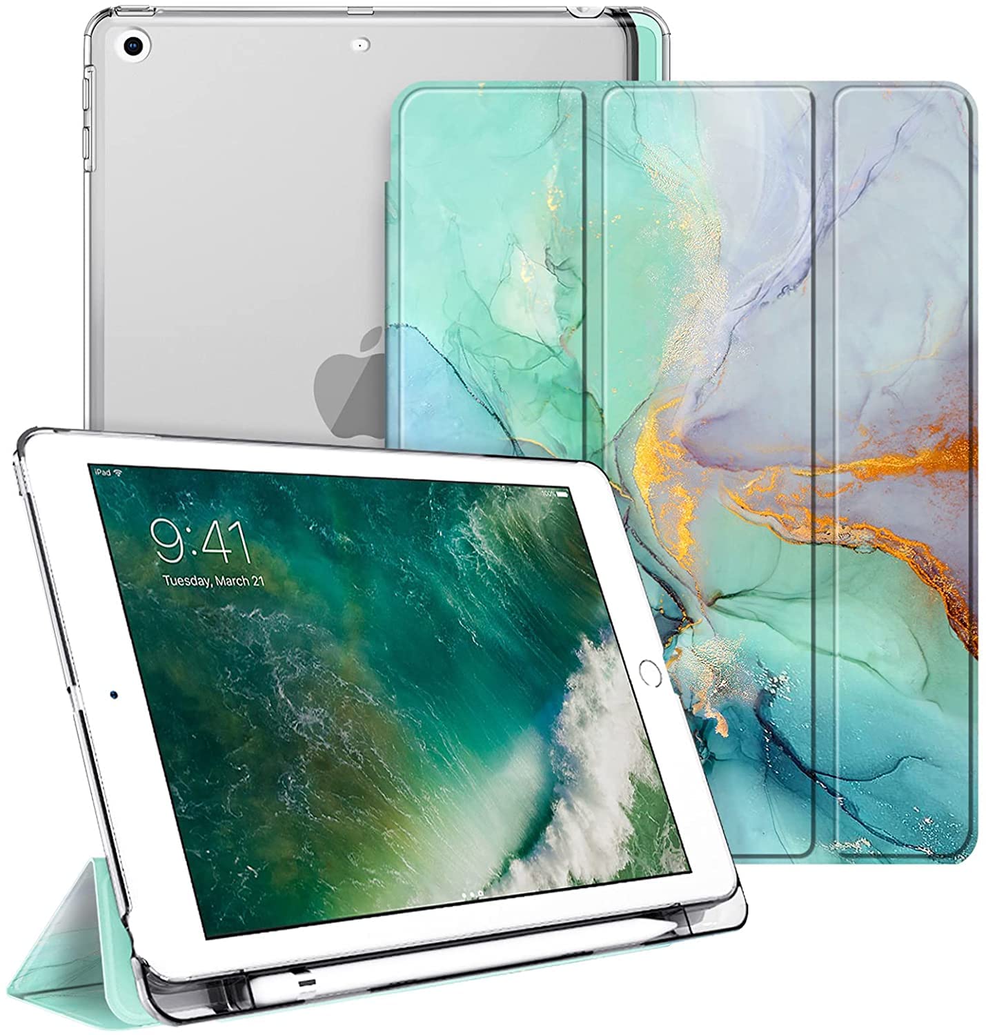 Fintie iPad 9.7 2018 2017 ケース ペンホルダー付き Apple Pencil 収納可能 三つ折スタンド スリープ機能 軽量 薄型 半透明 バックカバー iPad 9.7 インチ 第6世代 / 第5世代 対応 (モデル番号A1893、A1954、A1822、A1823)（柄 X マーブルグリーン）