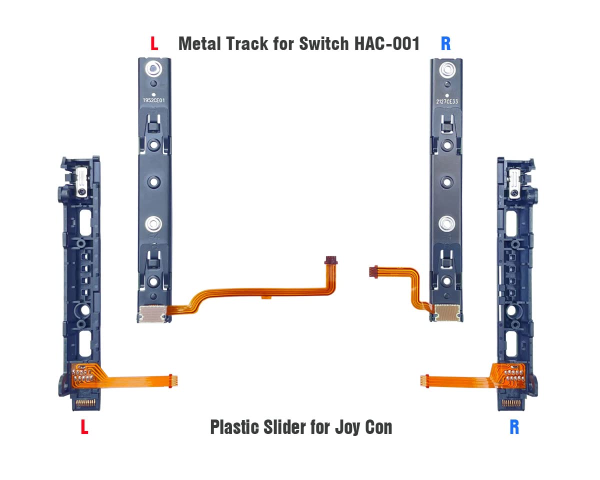 ElecGear 交換用スライドレール, Switch本体HAC-001とJoy Conコントローラー 対応の左右の金属製 Tトラックとプラスチックスライダーバー，フレックスケーブルコネクター付き、修理パーツツールキット付属