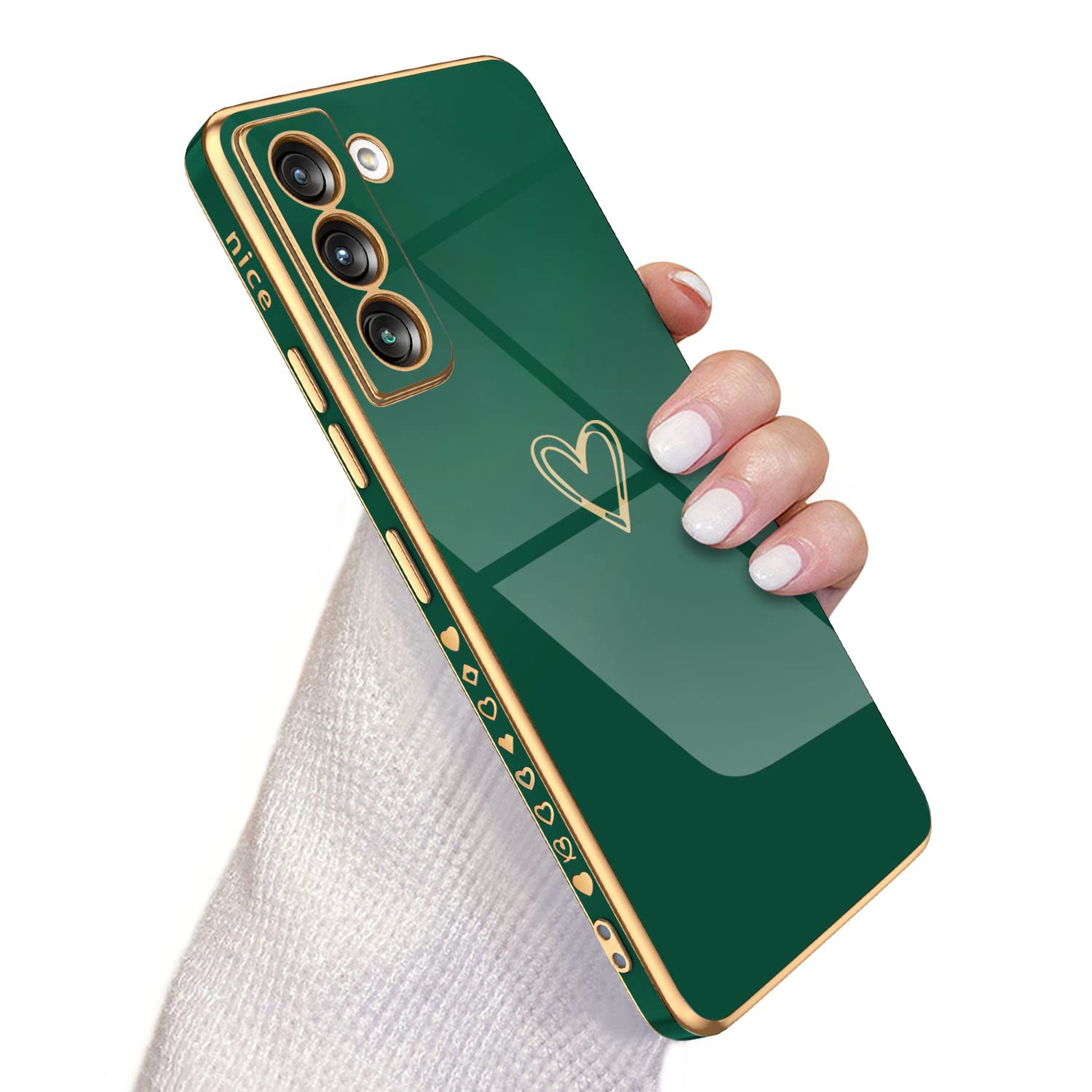 QLTYPRI Samsung Galaxy S21 5G ケース [ SC-51B | SCG09 ] ケース かわいい メッキラブハートソフト TPU カバー 女性 人気 軽量 スマホケース レンズ保護 落下防止 カバー Qi ワイヤレス充電対応 携帯電話ケースギャラクシーS21用カバー - グリーン