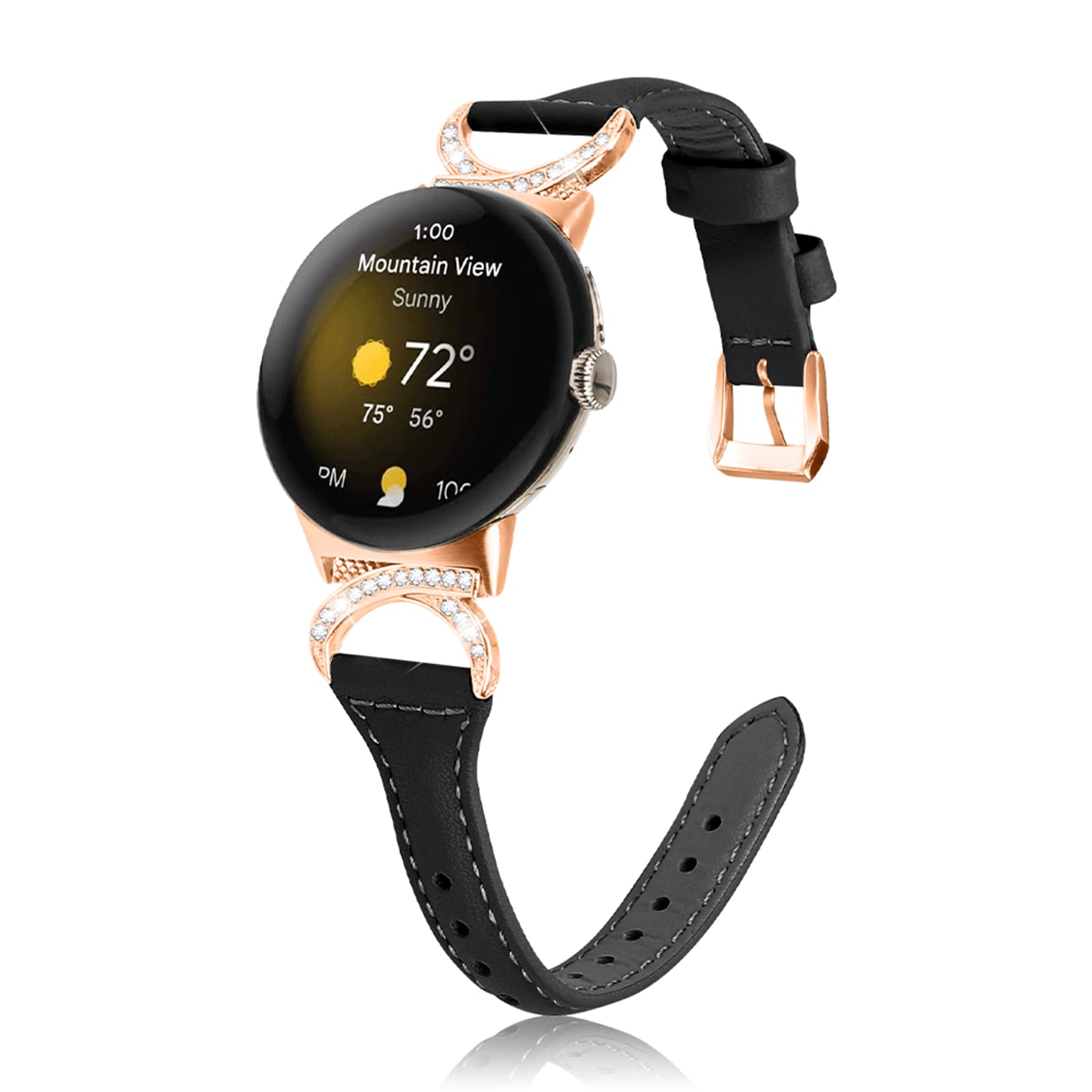 [HeeNia] レザーバンド Google Pixel Watch 2/ Google Pixel Watch 対応 バンド 革 ダイヤモンド ストラップ スポーツバンド Google Pixel Watch 2/ Google Pixel Watch 用 時計ベルト (ブラック)