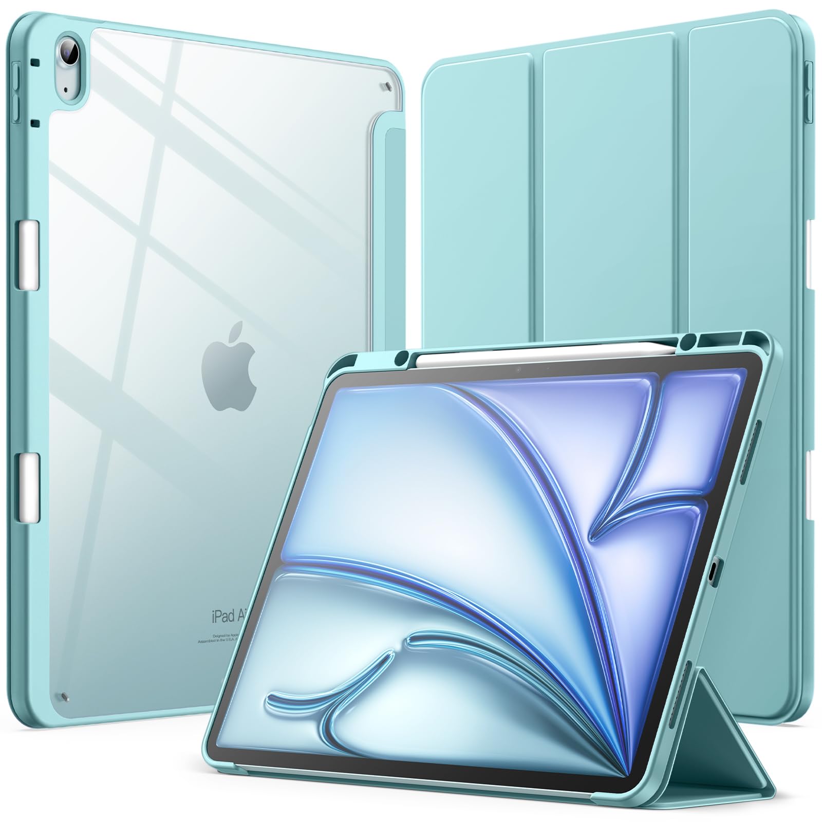 JEDirect iPad Air 13インチ M3/M2（2025/2024）用ケース Pencilホルダー付き 透明バックカバー スリムスタンド 衝撃吸収 タブレットカバー オートウェイク/スリープ機能 (ブルー)