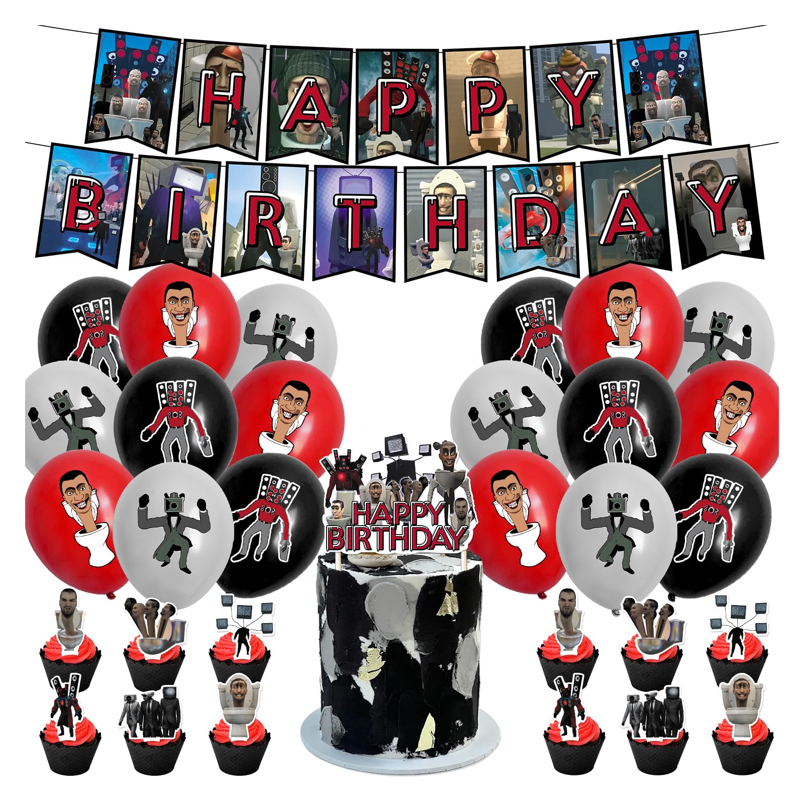 スキビティトイレ 誕生日 飾り 誕生日 飾り付け スキビディトイレ 風船 パーティー 飾り HAPPY BIRTHDAY バナー ガーランド 誕生日飾り ハッピーバースデー ケーキトッパー バルーン 装飾 かわいい バースデー デコレーション