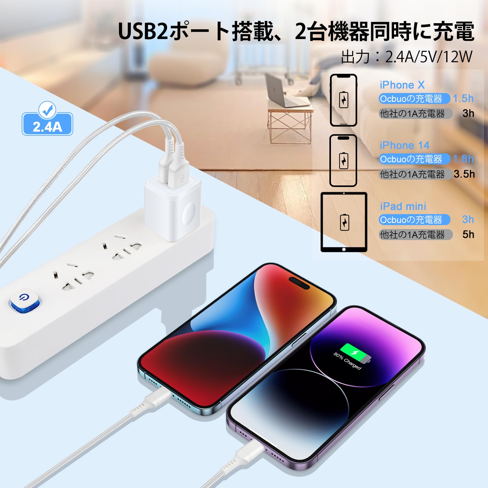 Ocbuo iPhone充電器 PSE認証済 USB A-Lightningケーブル1本付き【0.9M/MFI認証品】USB2ポートACアダプター ライトニング充電ケーブル アイホン USB 充電器 コンセント スマホ充電器 軽量 コンパクト テレワーク 海外 iPhone 14/13/12/11など対応