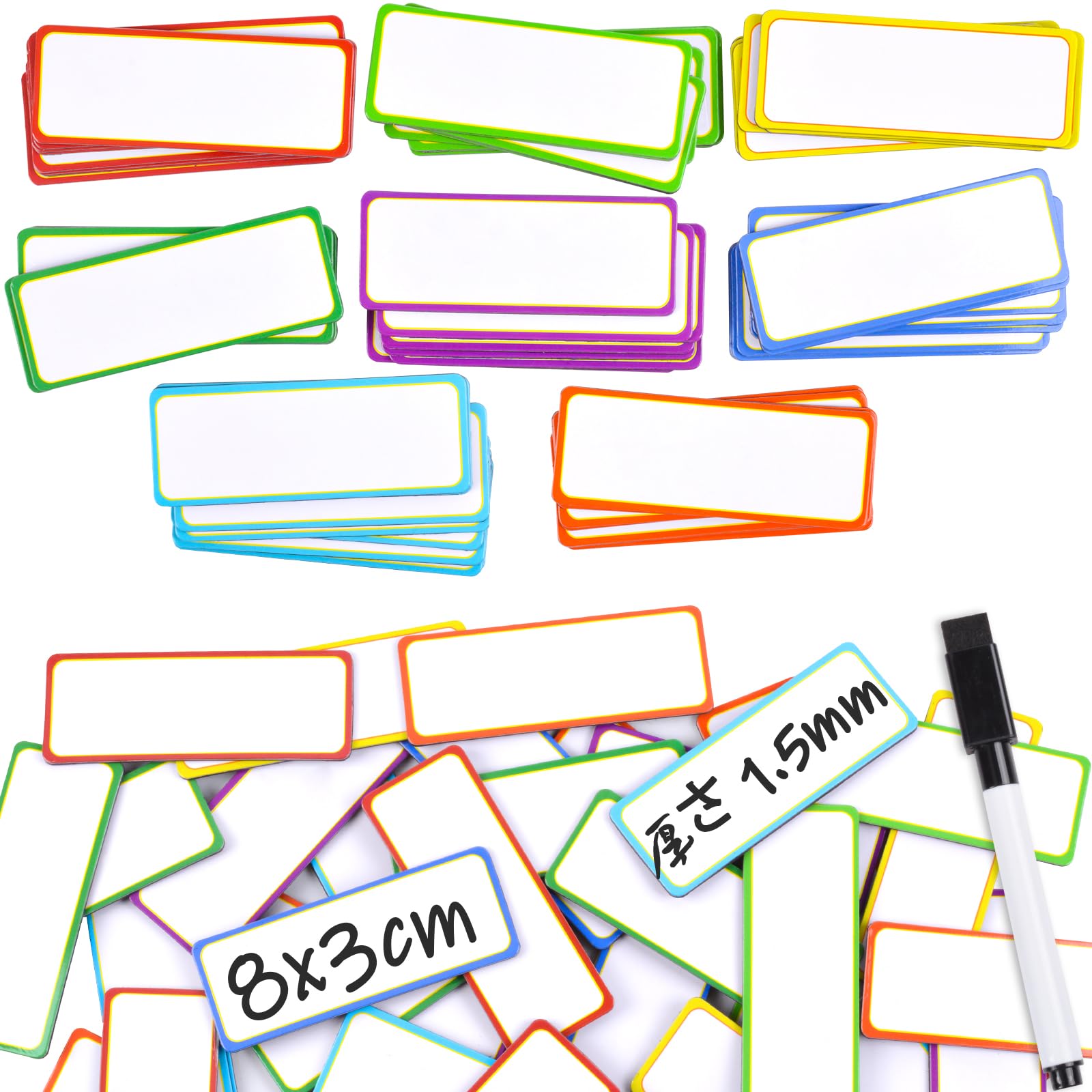 【送料無料】80枚入 マグネットシート 8色x10枚 厚さ1.5mm 強力マグネットネームプレートラベル 磁気ホ..