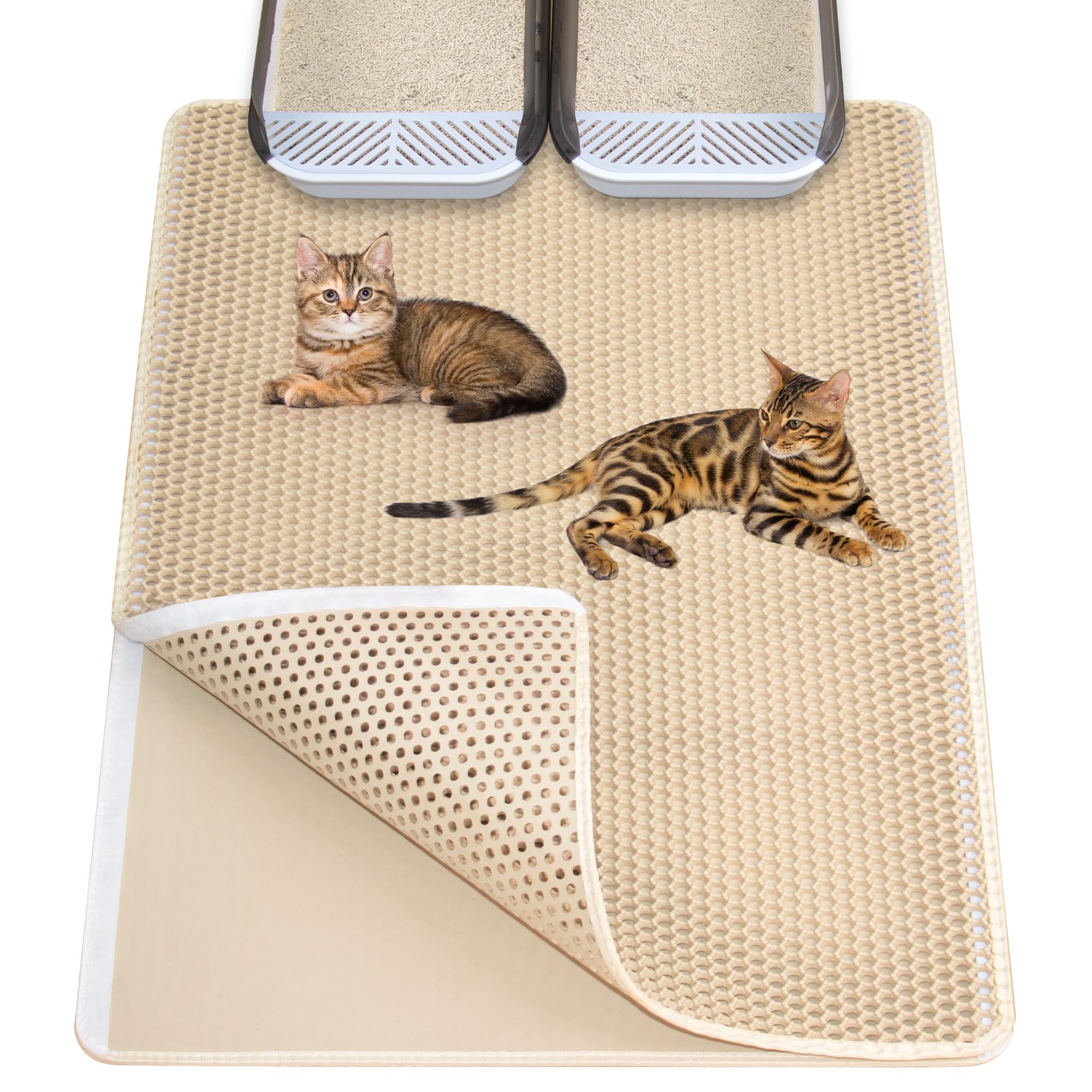 【送料無料】Ycozy 特大猫砂マット 90×60cm 猫トイレマット ダブルサイドベルクロ 4面開口デザイン 猫砂取りマット 飛び散り防止マット 二重EVA 猫マット ハニカムデザイン 滑り止め 防水や尿の浸透防止