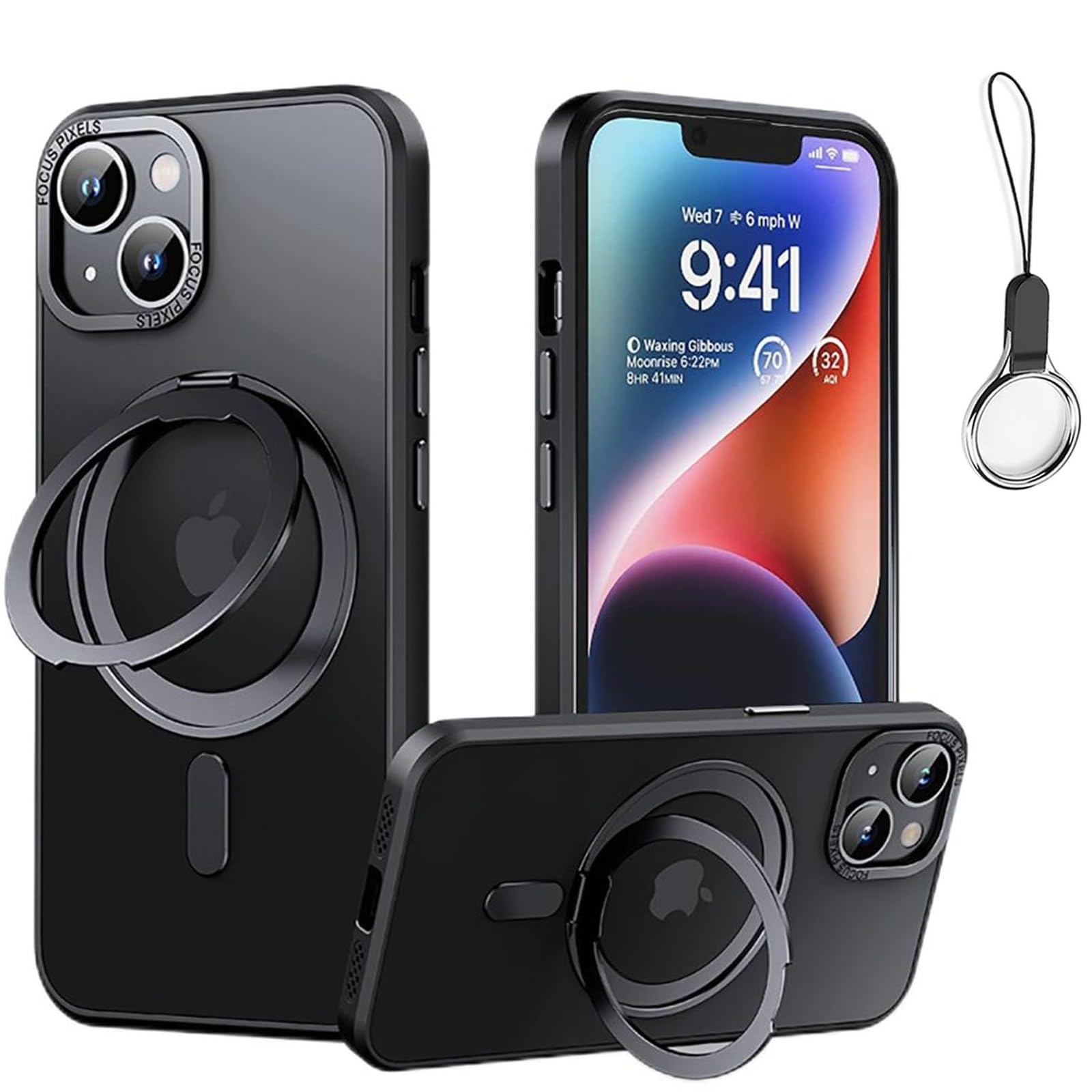 iPhone 12 / 12 Pro 用 ケース Magsafe対応【360°回転可能な Magsafeリングスタンド ホルダー 一体型・ストラップ1種付き】アイフォン12カバースタンド機能 縦横両対応 HILEGENER スマホケース 耐衝撃 カメラレンズ保護 半透明 マット感 マグネット搭載 隠しスタンド ケ