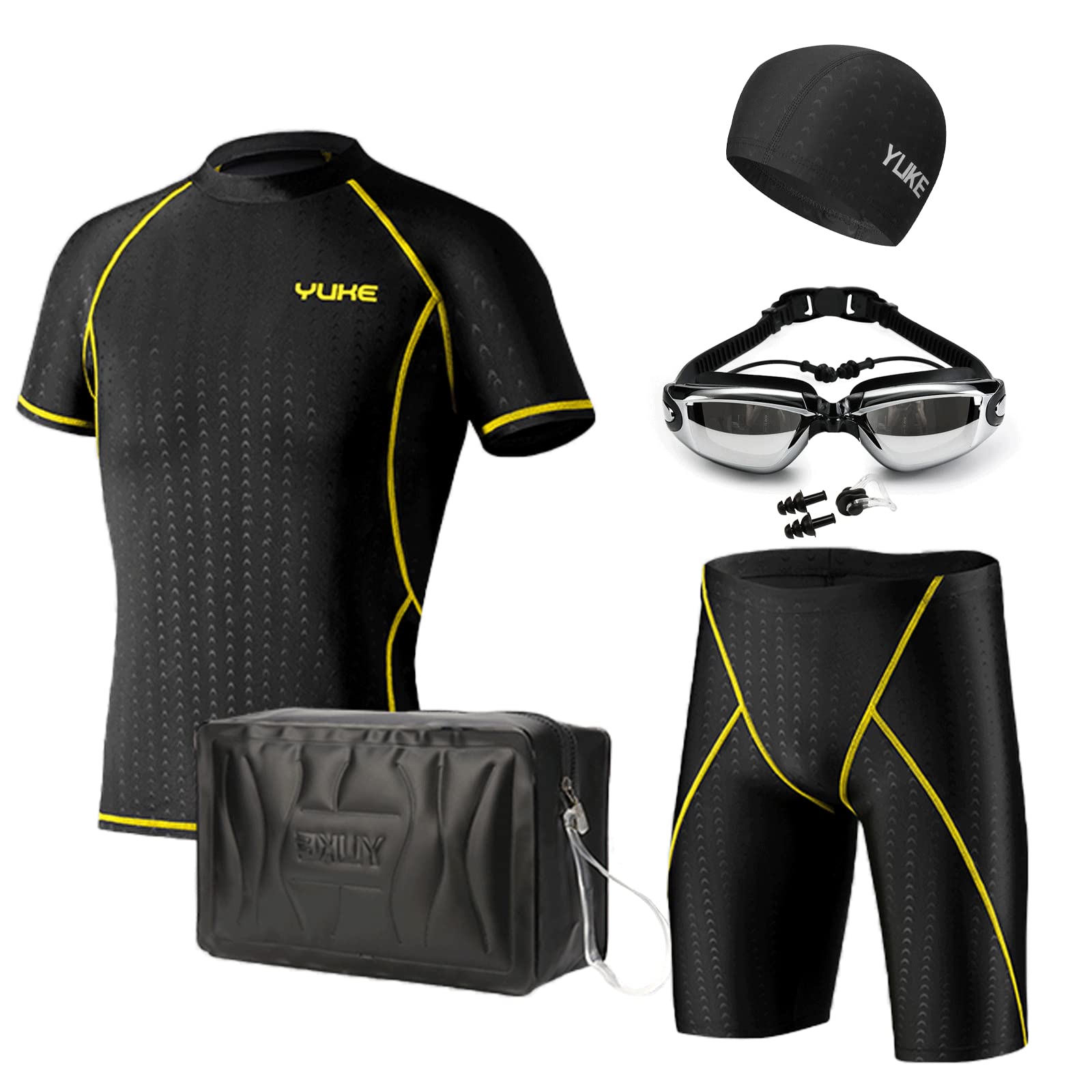 【送料無料】[LLWAAV] メンズ 水着 6点セット フィットネス 競泳水着 男性用水着スイミング ラッシュガード 半袖 通気性 快適 速乾 スイムウェア スイムパンツ プール備品 水着 メンズ セット（976-4XL)