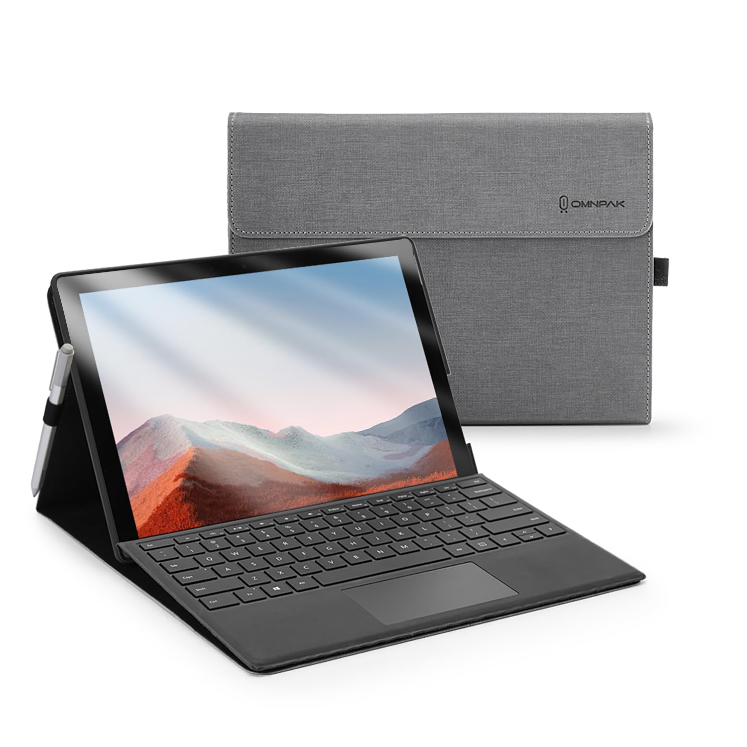 Omnpak Microsoft Surface Pro 7+/ 7/ 6 / 5 / 4 対応 ケース 表面内蔵保護カバー ｜多視角スタンド ｜超薄型 ｜ペンホルダー付き｜高耐久PU ｜吸着カバー