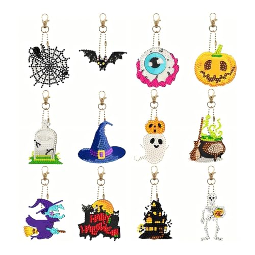 【送料無料】ダイヤモンドアートキーホルダー 12 個 ハロウィンテーマの装飾 ダイヤモンドペインティングキット キーホルダー コースター チャーム DIY クラ...