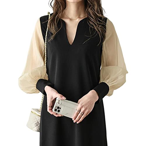 【送料無料】[ADKASS] ワンピース レディース Vネック ロング シフォン パフ袖 シフォンスリープ 切り替え シアー袖 サイドスリット 韓国ファッション エレガント ゆったり 体型カバー 春 夏 秋 お出かけ