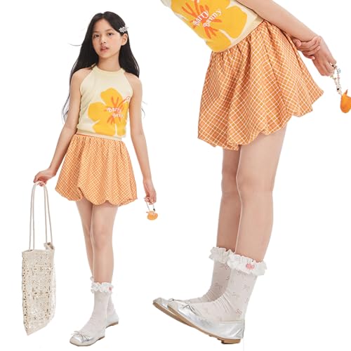 【送料無料】[Barry Banny] 女の子 スカート バブルスカート ハイウエスト チェックス柄 インナー裏地..