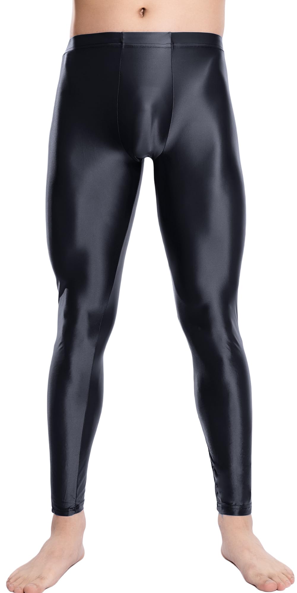【送料無料】[Maeau] メンズ 光沢 レギンス ロング スパッツ 九分丈 スポーツ タイツ 透け感 パンツ 薄手 メタリック ツルツル カジュアル フィットネス トレーニング 色：ブラック、サイズ：XL