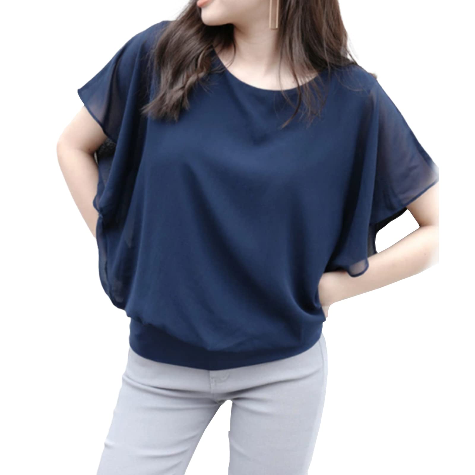 【送料無料】[MEME XTRA] メメエクストラ ブラウス レディース 半袖 シャツ カットソー オフィス 夏 春 シフォン フリル フレア トップス tシャツ 夏服 裏地付 ドルマン おしゃれ 大きいサイズ ゆったり 無地 かわいい キレイめ ジョーゼット 上 色：ネイビー、サイズ：L