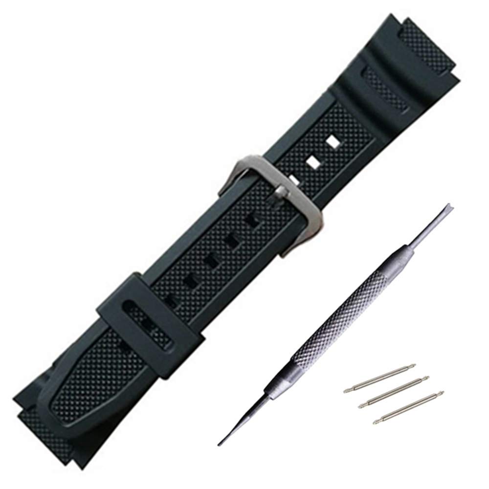 【送料無料】ラバー ウォッチ バンド PU ストラップ 腕時計ベルト コンパチブル For Casio AQ-S810W SGW-300H MRW-200H AE-1000W W-S200H W-735H AEQ-110W に適合する (ブラック(銀尾錠))