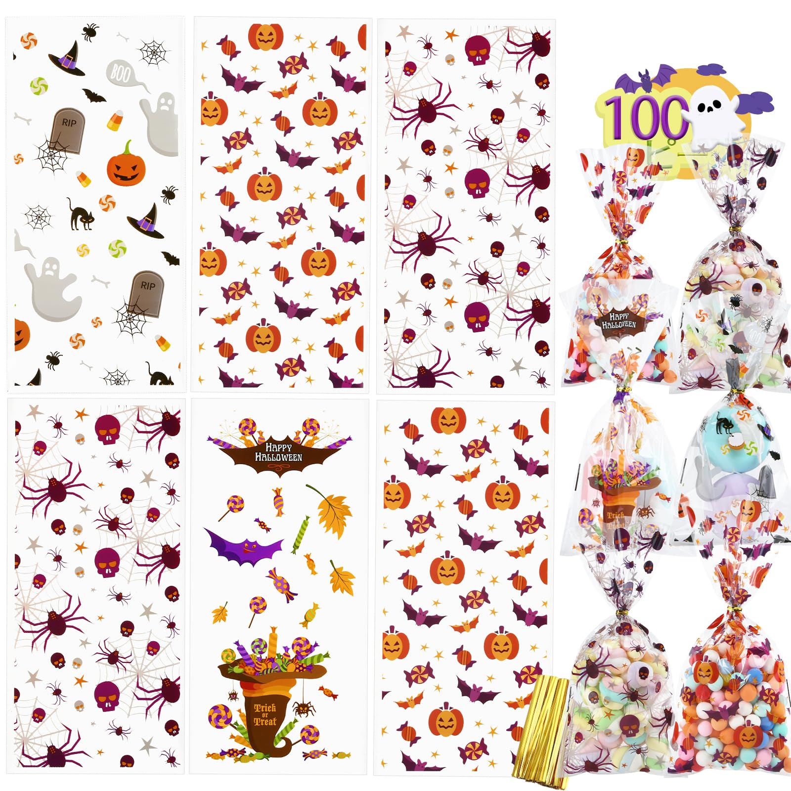 【送料無料】kesote ハロウィン お菓子袋 ラッピング 袋 100枚入 ギフトバッグ 焼き菓子 菓子用品 クッキー袋 透明 キャンディー 飴 チョコ 包装 入れ物 小分け袋