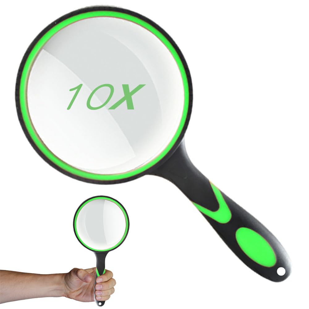 【送料無料】手持ちルーペ ビッグルーペ 拡大鏡 虫眼鏡 レンズ径100mm 高倍率タイプ 10倍拡大 手持ち読書拡大鏡 携帯便利 見やすい 高齢者及び専門家使用可能 趣味観察/新聞/読書/地図/科学教室に使用 (グリーン)