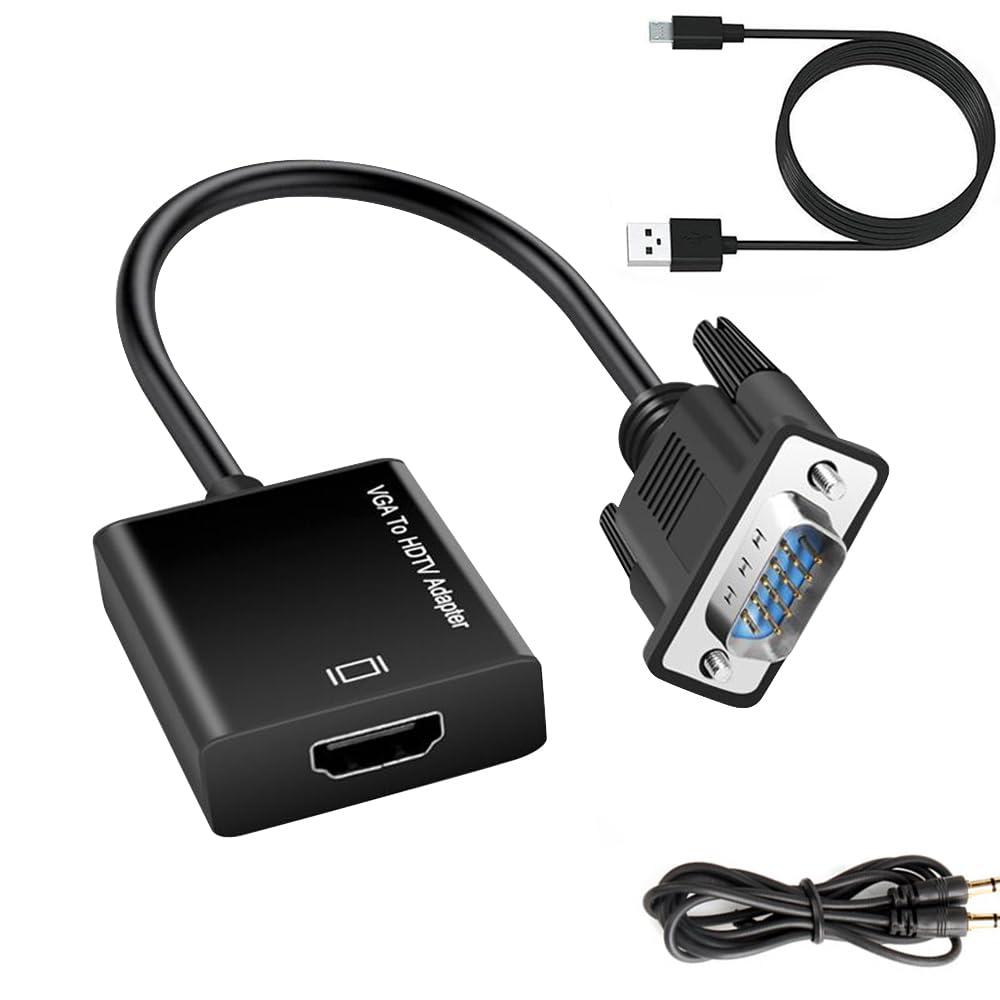 【送料無料】VGA(オス) to HDMI(メス) 変換アダプタ VGA to HDMI変換ケーブル 高速転送 PCノートパソコン対応 音声出力 安定出力 給電用USBケーブルと3.5mmオーディオケーブル付き