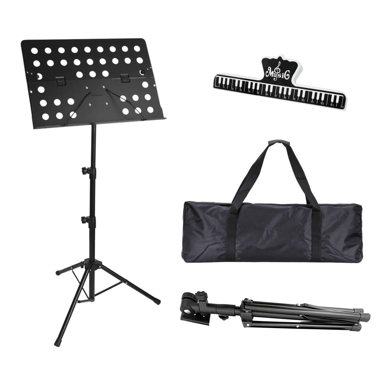 商品情報商品の説明主な仕様 【商品詳細】譜面サイズ：49*34cm、本体重量：約1.8kg、パッケージ内容：折りたたみ譜面台本体*1、楽譜クリップ*1、収納バッグ*1br【快適な譜面位置調整】譜面板の角度も自分の視線に合わせて調節可能で、読みやすい位置に簡単にセットできます。譜面板のサイズは34cmx49cmと広く、大きな楽譜もしっかりサポート。演奏中に楽譜がずれる心配もありません。さらに、譜面台の表面は滑りにくい素材で加工してあり、楽譜を安定して保持します。【組み立て＆分解が簡単】特別な工具を使わずに、譜面台とスタンド部分を手軽に取り付けたり取り外したりできます。使用しない時は、スタンドを折り畳んでコンパクトにし、保管や持ち運びに便利です。付属の収納ケースに入れることで、保護しながら携帯することができます。【成長に合わせて長く使える】73cmから145cmまで幅広く高さ調整が可能で、子供から大人まで身長に合わせて使用できます。成長するお子様の練習用としてはもちろん、さまざまな楽器の演奏にも対応するため、長期間にわたって幅広く使用することが可能です。【ステージでも安心の安定性】三脚部分は広がることでしっかりとした安定感を提供し、激しい演奏中でも譜面台の揺れやずれが少なく、集中して演奏に臨めます。床を傷つけないよう滑り止めゴムが付いており、さまざまなフロア環境での使用に適しています。また、三脚折畳式で場所を取らず、軽量でありながら耐久性にも優れています。