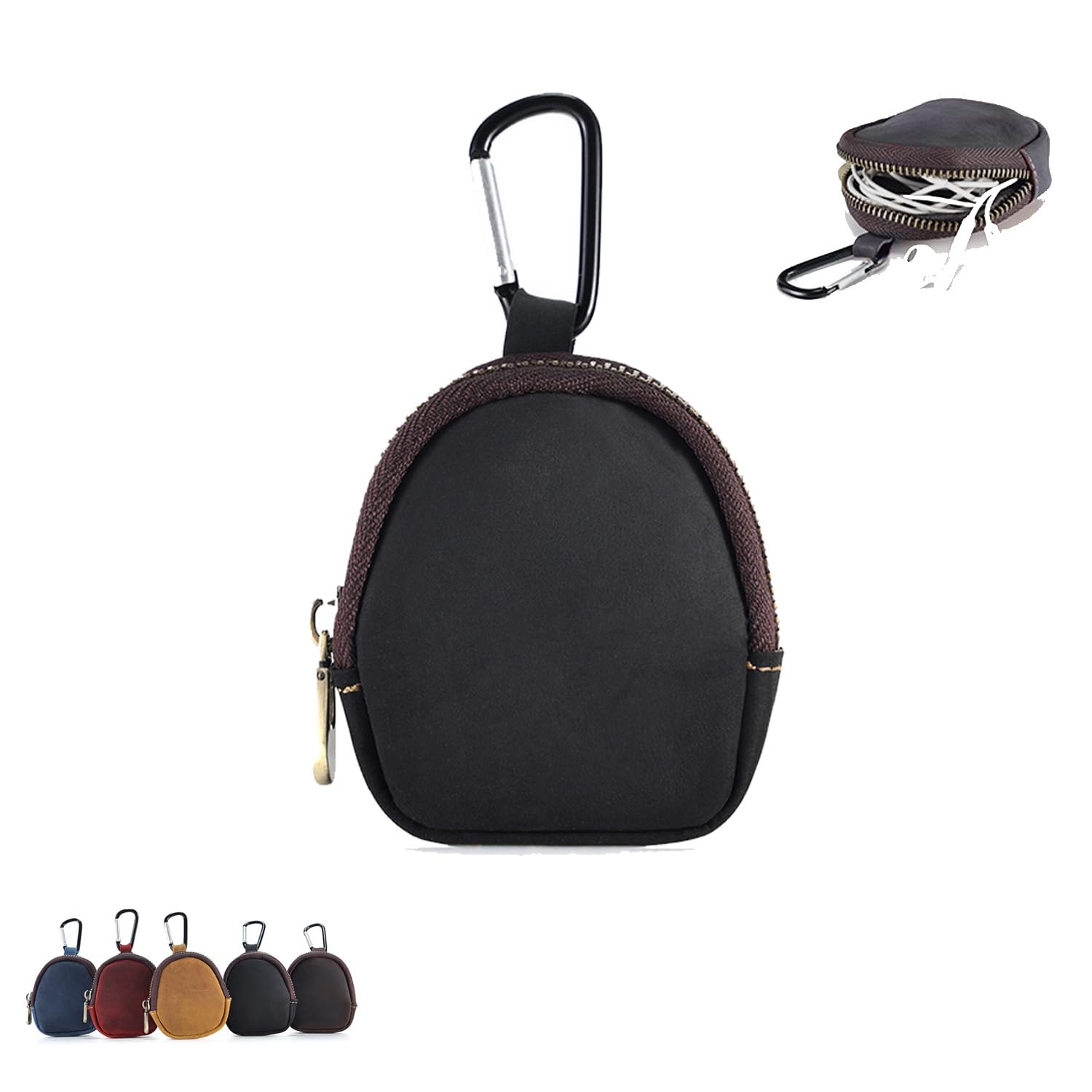 【送料無料】イヤホンケース イヤホンポーチ 収納袋 本革 クレイジーホースレザー 【NOUKAJU】イヤホンカバー イヤホン 収納袋 保護ケース 落下防止 キズ防止 耐衝撃 防塵 カラビナ付き 現金 コイン入れ アクセサリーポーチ 収納ケース ミニポーチ 携帯用 (ブラック)