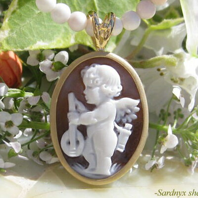 Pietro Simonelli作 シェルカメオK18カメオ ペンダント【マンドリンを持つエンジェル】