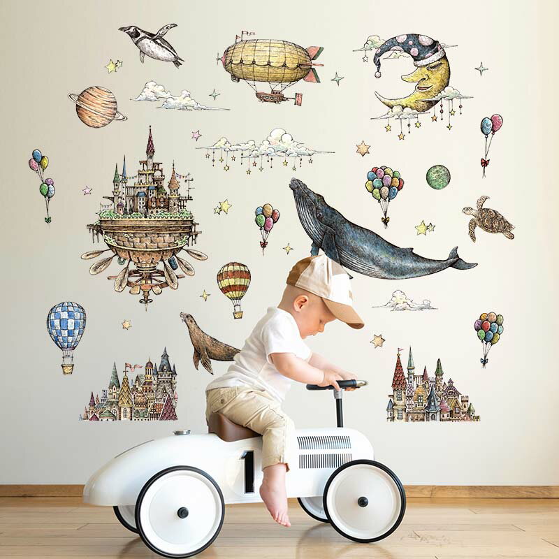 ウォールステッカー 【空中都市】はがせる 壁 シール ステッカー 壁紙 飾りつけ おしゃれ 北欧 海の生き物 海の生物 くじら かわいい 海の中 水族館 アクアリウム ジブリ 空中都市