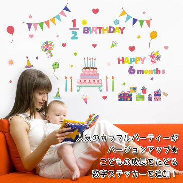 メール便選んで 送料無料 ウォールステッカー 【数字パーツ付き】 誕生日 ハーフバースデー【カラフルパーティー3枚組】 シール式 貼ってはがせる 壁紙 壁シール 賃貸OK パーティー 飾り バースデー　お祝い 飾りつけ ガーランド 風船 王冠 フォトブース 100日 記念写真