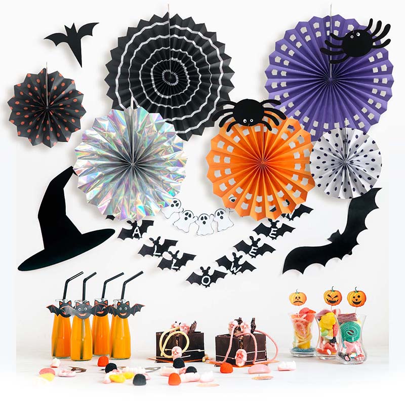 モチーフ付き ペーパーファン 6ピース セット 【Halloween】 ハロウィン パーティー 飾り 海外風 北欧 紙扇 丸扇 ファン 店内装飾 飾り付け かわいい おしゃれ くも クモ 蜘蛛 こうもり コウモリ 蝙蝠 モノトーン 紫 オレンジ 黒 ブラック 撮影の商品画像 2
