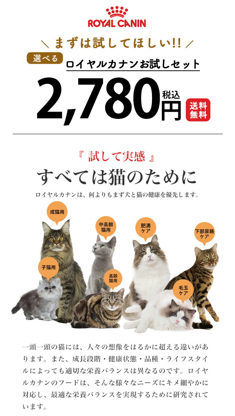 楽天市場 あす楽 ロイヤルカナン 猫用 お試しスターターセット 年齢別セット 子猫 成猫 高齢猫 下部尿路ケア 毛玉 ダイエット Rev C Rc24 モコペット