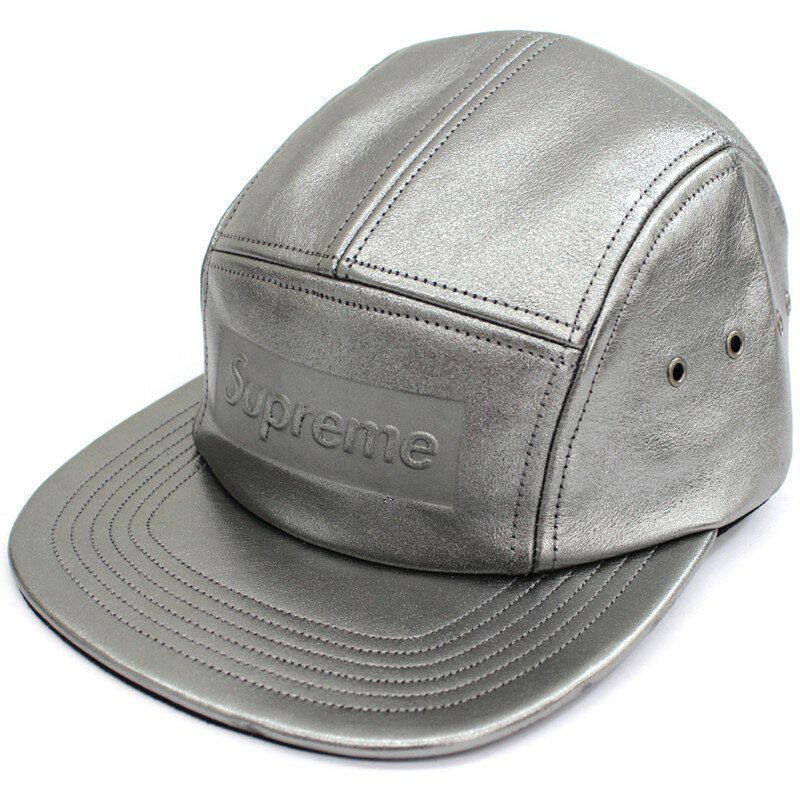 【未使用】SUPREME シュプリーム 2019SS PEBBLED LEATHER CAMP CAP OS GUNMETAL BOX LOGO 帽子 シルバー ボックスロゴ（F) 【中古】 1