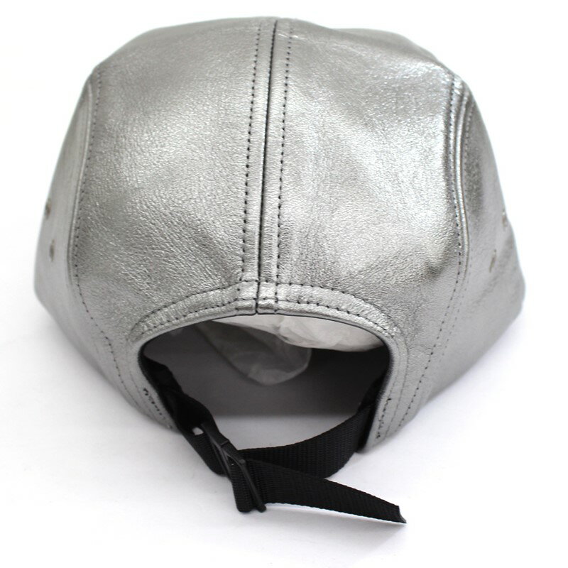 【未使用】SUPREME シュプリーム 2019SS PEBBLED LEATHER CAMP CAP OS GUNMETAL BOX LOGO 帽子 シルバー ボックスロゴ（F) 【中古】 2