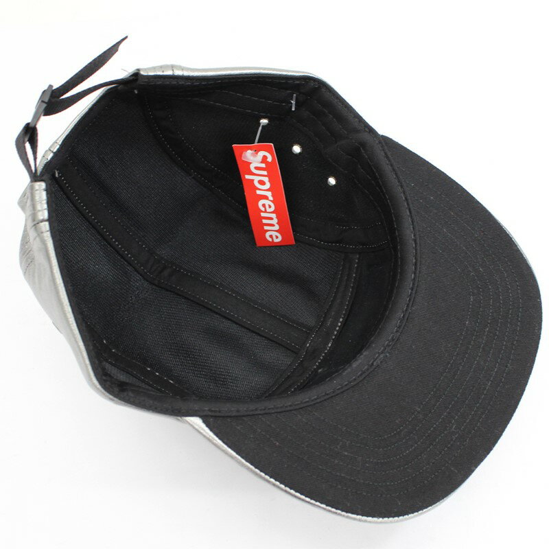 【未使用】SUPREME シュプリーム 2019SS PEBBLED LEATHER CAMP CAP OS GUNMETAL BOX LOGO 帽子 シルバー ボックスロゴ（F) 【中古】 3