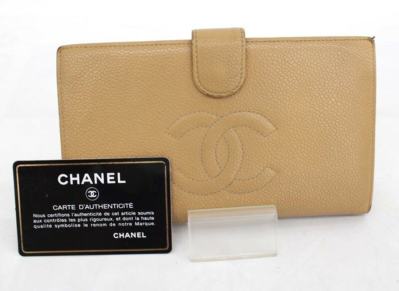 【CHANEL】シャネル キャビアスキン 長財布 ベージュ ココマーク G金具 がま口【中古】