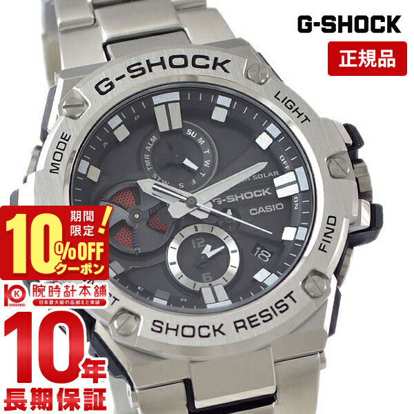 商品情報カシオ Gショック G-SHOCK Bluetooth GST-B100D-1AJF メンズタフネスを追求し進化を続けるG-SHOCKから、G-STEEL初のアナログ表示によるクロノグラフを搭載したNewモデルが登場。全てのインダイアルに耐衝撃構造を備えたアナログ表示を実現。ジェット機エンジンの重厚なブレードをモチーフにデザインを施し、ディスク針を動かす面白さと、文字板の組み合わせによるG-SHOCKならではのデザインに仕上げ、まさにタフな「クロノグラフ」を完成させました。Bluetooth通信機能やタフソーラーを搭載。 GSTB100D1AJFブランド名カシオ Gショック Bluetooth型番GST-B100D-1AJF文字盤カラーブラック・黒ケース素材樹脂ベルトカラーシルバー・銀ベルト素材ステンレス(ベルト素材)/メタル(ベルトタイプ)駆動方式クオーツ(ソーラー式)表示方式アナログ防水性能防水性 20気圧（200m)(防水性)寸法ケースサイズ：約58x59x14mm (縦x横x厚)腕周り：約150〜205mm重量：約185g--風防ミネラルガラス(風防)ベルト中留三つ折れプッシュ仕様耐衝撃構造ねじロック式りゅうずタフソーラーモバイルリンク機能デュアルタイムストップウオッチ(1秒、24時間計、スプリット付き)タイマー時刻アラームバッテリーインジケーター表示パワーセービング機能日付・曜日表示フルオートカレンダーLEDライトフル充電時約5ヶ月可動(パワーセービング時約24ヶ月)付属品専用ケース取扱説明書保証書--種別正規品メンズ商品状態 新品丸型備考-※複数の店舗で販売する関係上、ご注文商品が売り切れる場合がございます。ご注文後に在庫の有無をメールでご案内差し上げますので、あらかじめご了承ください。※当店取扱いの商品には、メーカー在庫も含まれております。在庫の確認には3営業日程度かかることがございます。※掲載画像と実商品のカラーが若干異なることがございます。※デザイン・カラー・付属品等の仕様変更により掲載情報と異なる場合がございます。Gショック衝撃に強い、タフネス構造アナデジモデルファッション・機能性のあるデザインタフソーラーカシオ独自のソーラー充電システム豊富な機能Bluetooth通信機能やアラームを搭載カジュアルスタイルにマッチ合わせやすいカラーリング三つ折れプッシュ式着脱がスムーズに行えるバックルビス止め式20気圧の防水性能当店限定特典