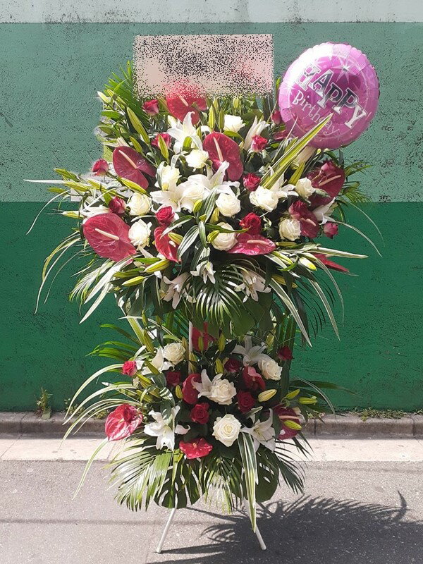 bst2-386　デカワンポイントバルーン付　レッドホワイト系　バルーンスタンド花2段（色合変更できます..