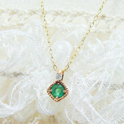 ネックレス 【ラッピング ギフト対応】誕生石をお守りに。 5月のストーン エメラルドを ダイヤモンドが見守る、シンプルネックレス K10イエローゴールド 女性 ...